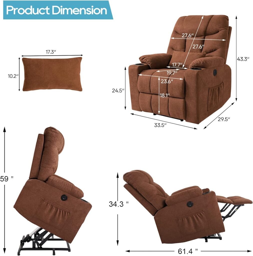 VUYUYU Power Lift Chairs Recliners, Fabric Recliner Chair for Elderly, Heated Vibration Massage Sofa for Living Room, 3 Positions, 2 Pockets and 2 Cup Holders (Fabric-Grey)