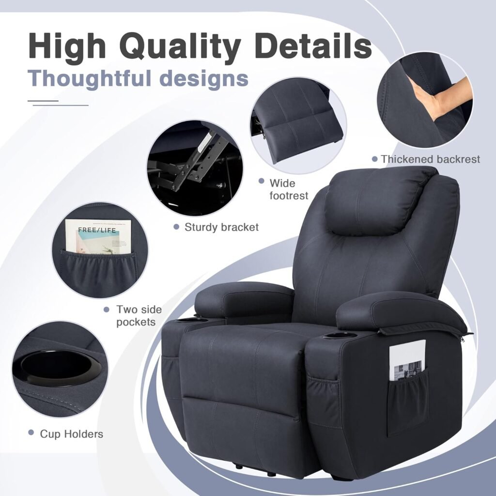 YESHOMY Power Lift Recliner Chair with Massage and Heating Functions, Microfiber Technology Fabric Sofa with Remote Control and Two Cup Holders, Suitable for Living Room, Dark Blue