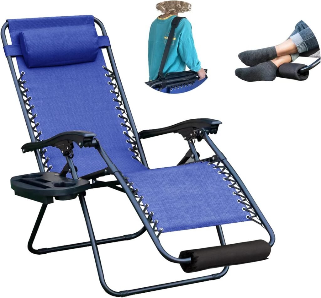 YOMIFUN Zero Gravity Chair, Lawn Chair, Folding Recliner Lounge Chair, Everything Included with Padded Head Pillow, Holder Tray, Shoulder Strap, Footrest Cushion, Cobalt Blue