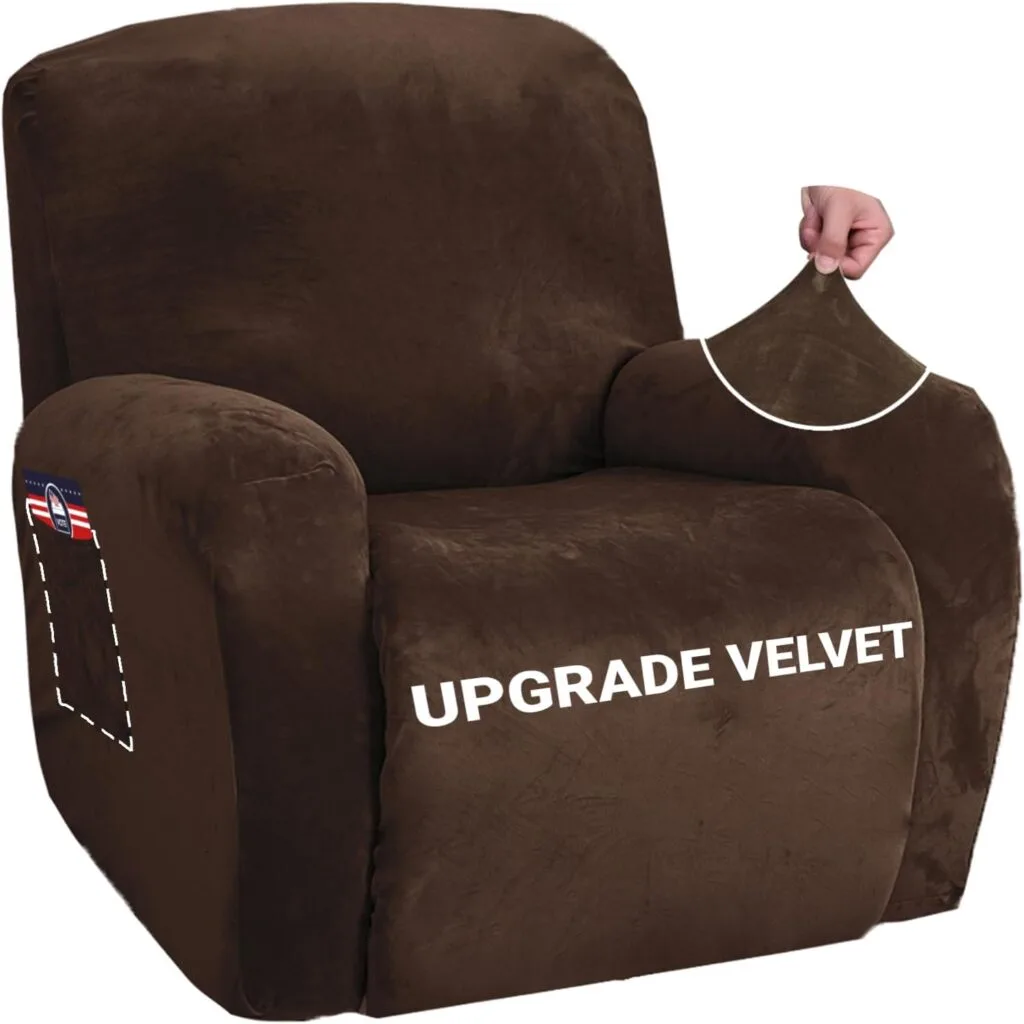 ZNSAYOTX Stretch Velvet Recliner Covers 4-Pieces, Thicker Soft Plush Recliner Chair Slipcover with Side Pockets, Washable Luxury Dog Cat Pets Proof Reclining Protector (Recliner, Dark Coffee)