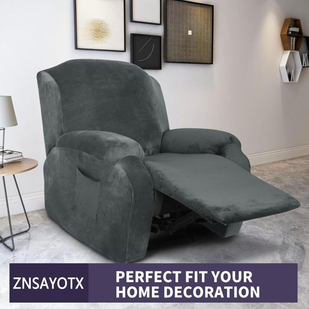 ZNSAYOTX Stretch Velvet Recliner Covers 4-Pieces, Thicker Soft Plush Recliner Chair Slipcover with Side Pockets, Washable Luxury Dog Cat Pets Proof Reclining Protector (Recliner, Dark Coffee)