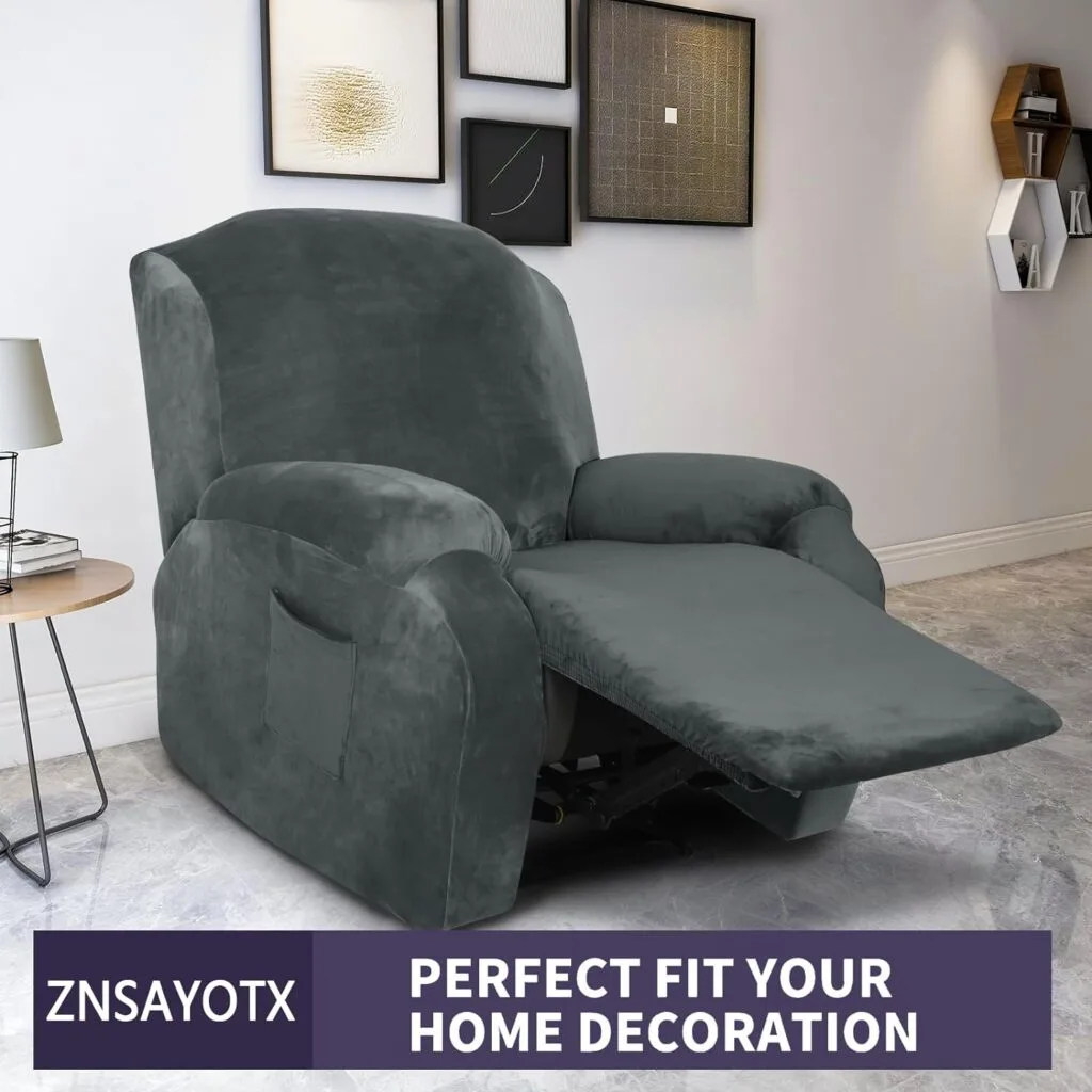 ZNSAYOTX Stretch Velvet Recliner Covers 4-Pieces, Thicker Soft Plush Recliner Chair Slipcover with Side Pockets, Washable Luxury Dog Cat Pets Proof Reclining Protector (Recliner, Dark Coffee)