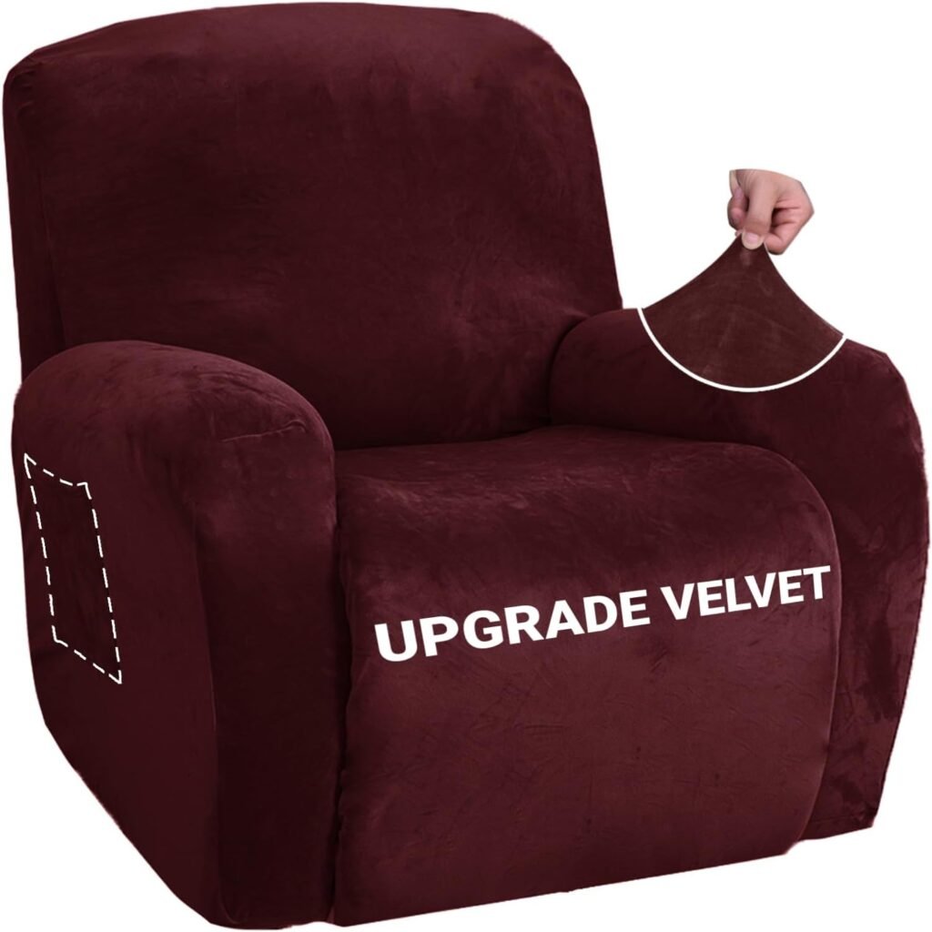 ZNSAYOTX Stretch Velvet Recliner Covers 4-Pieces, Thicker Soft Plush Recliner Chair Slipcover with Side Pockets, Washable Luxury Dog Cat Pets Proof Reclining Protector (Recliner, Wine Red)