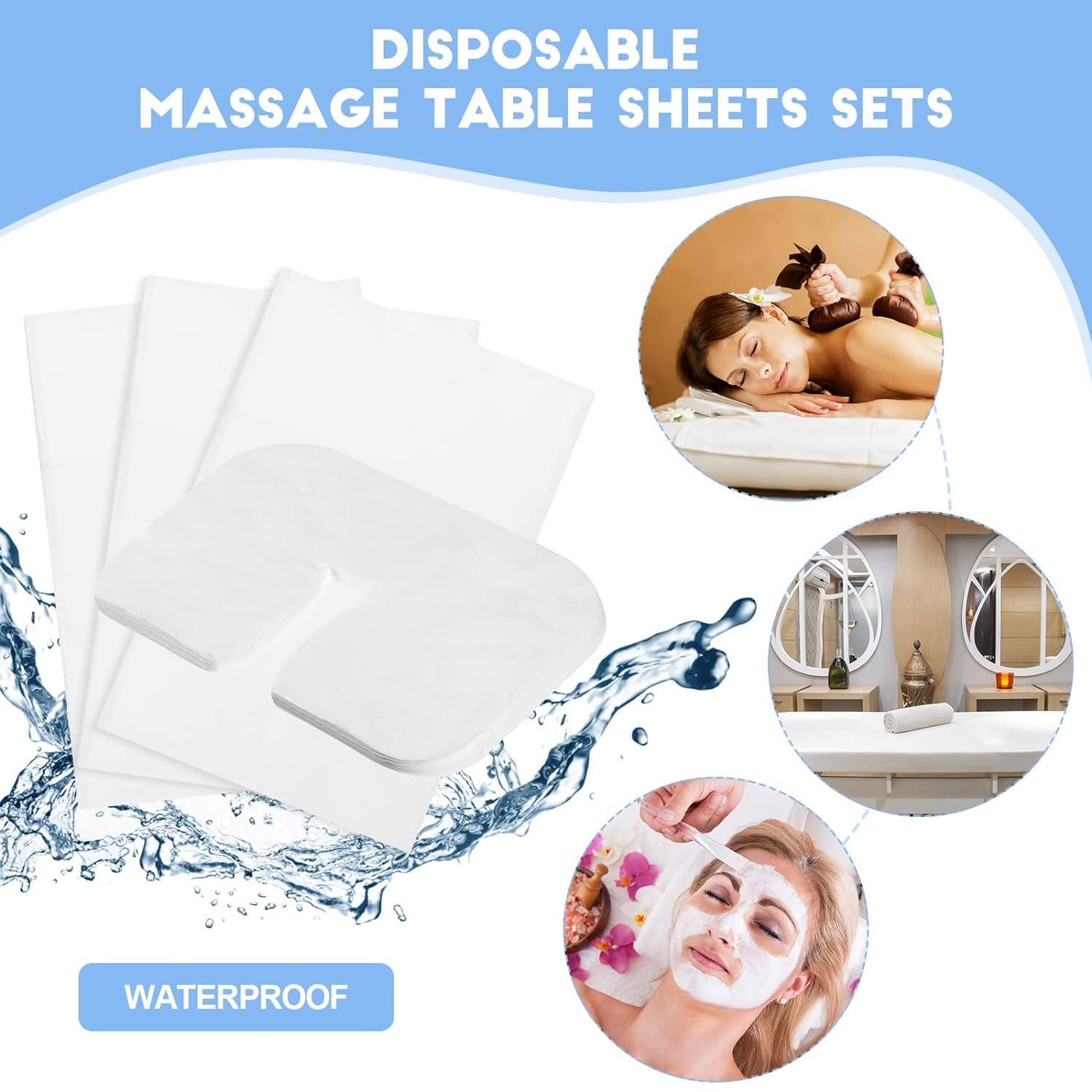 100 Pieces Disposable Massage Table Sheets Sets Include 50 Waterproof Massage Bed Sheet 71 x 31 Inch and 50 Face Cradle Covers 14 x 11 Inch Disposable Non Woven Fabric for Massage Beauty Salon Hotels