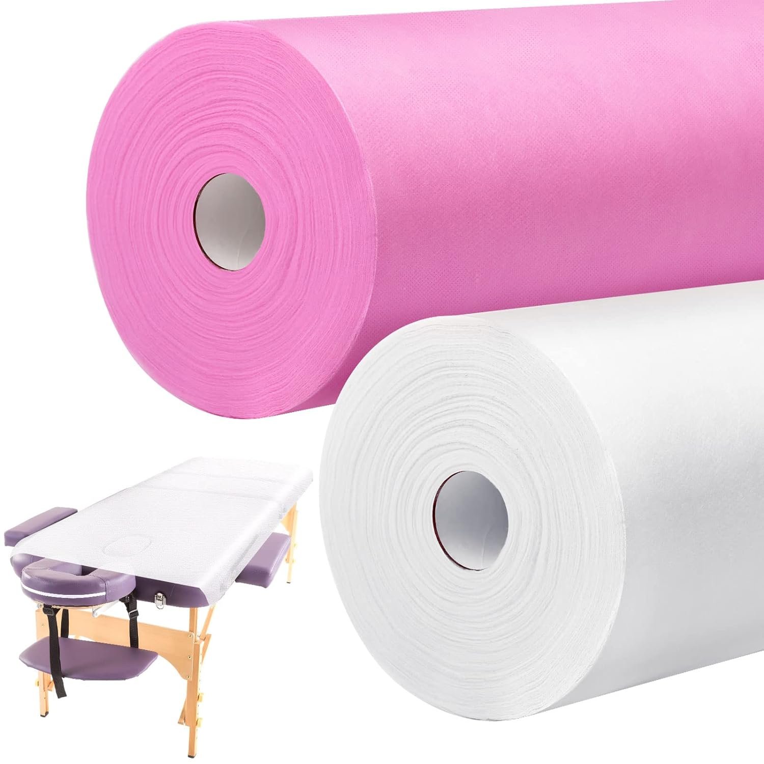 2 Roll Disposable Non Woven Bed Sheets 24 x 71 Inch Massage Table Paper Covers Non Woven Fabric Massage Bed Sheets Waterproof Spa Breathable Bed Cover for Beauty Salon, Hotels (White, Pink)