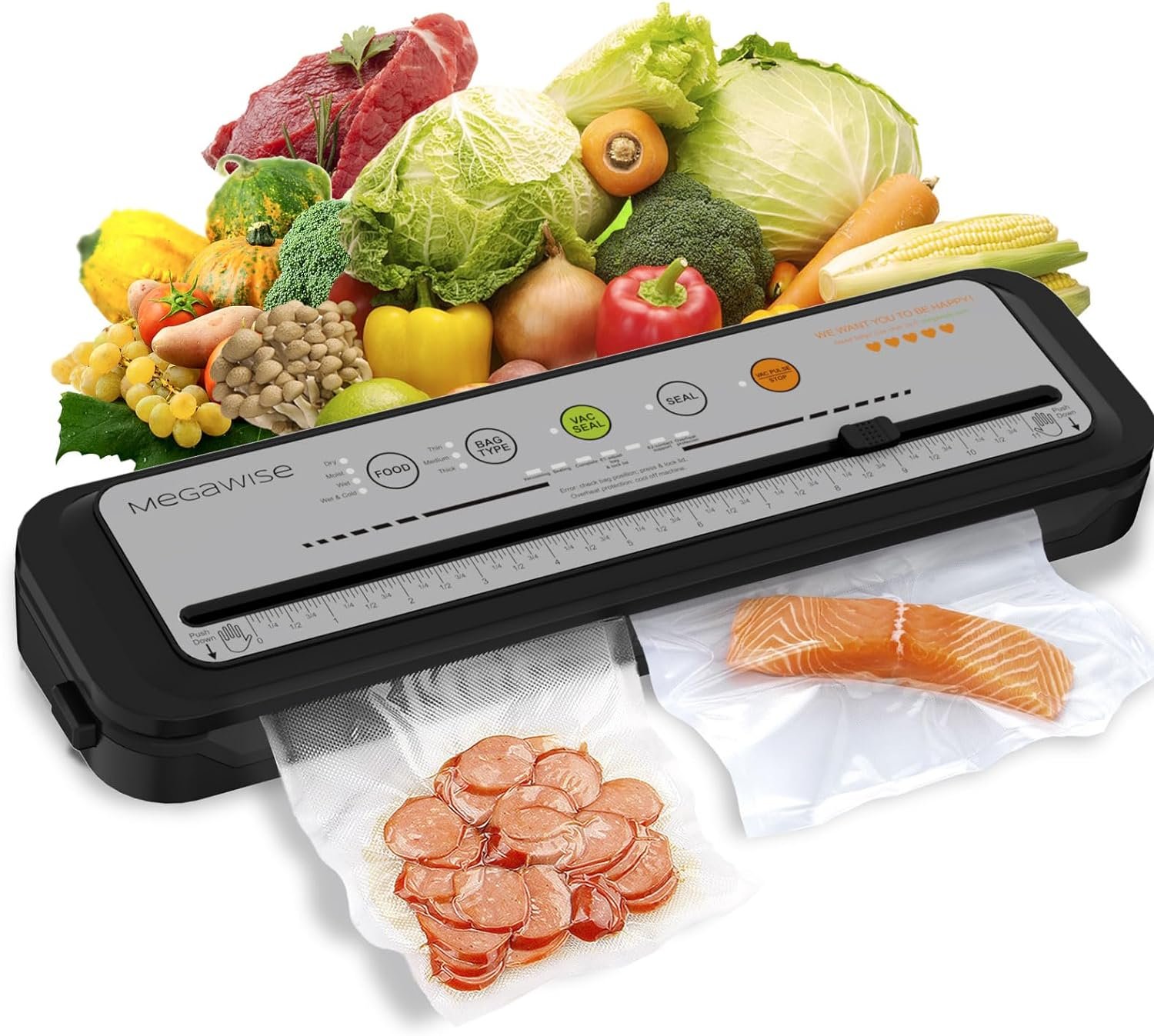 2023 Updated Vacuum Sealer Machine, MEGAWISE Food Sealer w/Starter Kit, Dry  Moist Food Modes, Compact Design with 10 Vacuum Bags  Bulit-in Cutter(Grey)