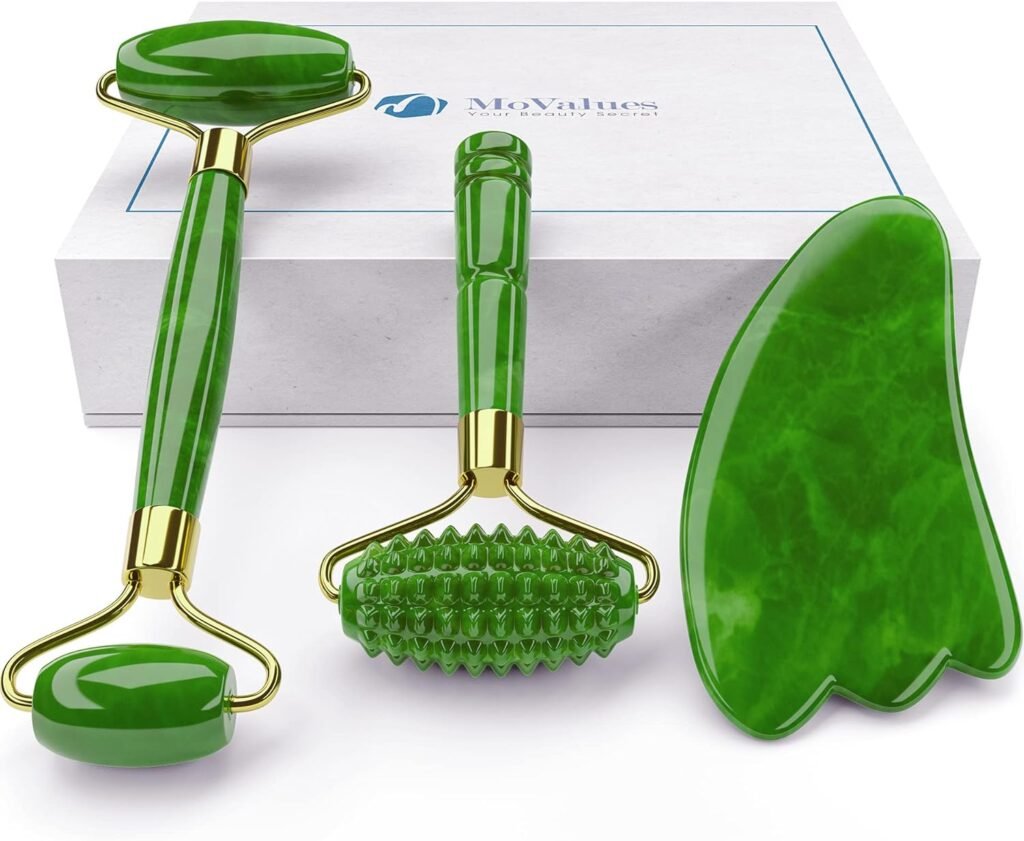 4-in-1 Jade Roller and Gua Sha Set. Jade Face Roller with Eye Massager, Jade Gua Sha, Ridged Roller Massager. Jade Roller For Face Real Jade 100% Jade Stone Roller. Warm Facial Massager or Ice Roller