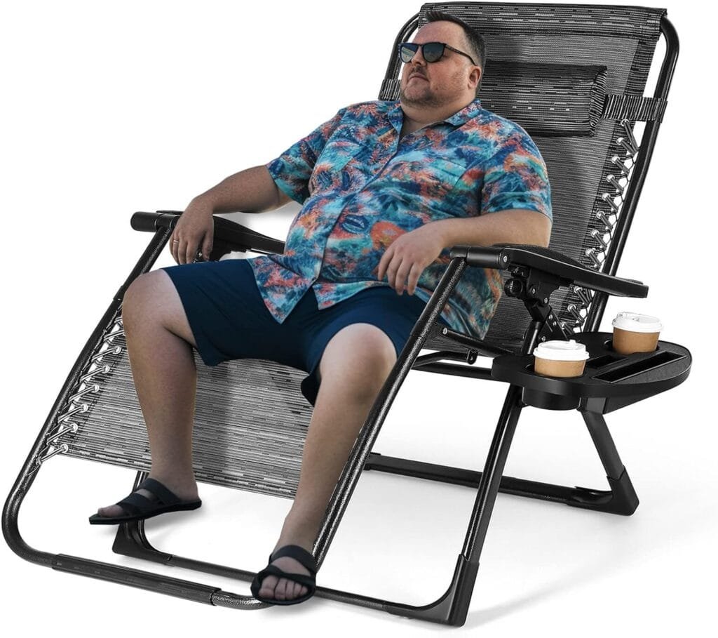 420 Lbs Zero Gravity Chair, 24.8 Oversize Width Folding Lounge Reclining Deck Chaise with Adjustable Headrest Pillows, Cup Holder Tray and Carry Rope for Lawn Poolside Backyard Patio, Beach Camping