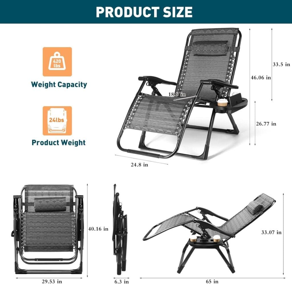 420 Lbs Zero Gravity Chair, 24.8 Oversize Width Folding Lounge Reclining Deck Chaise with Adjustable Headrest Pillows, Cup Holder Tray and Carry Rope for Lawn Poolside Backyard Patio, Beach Camping