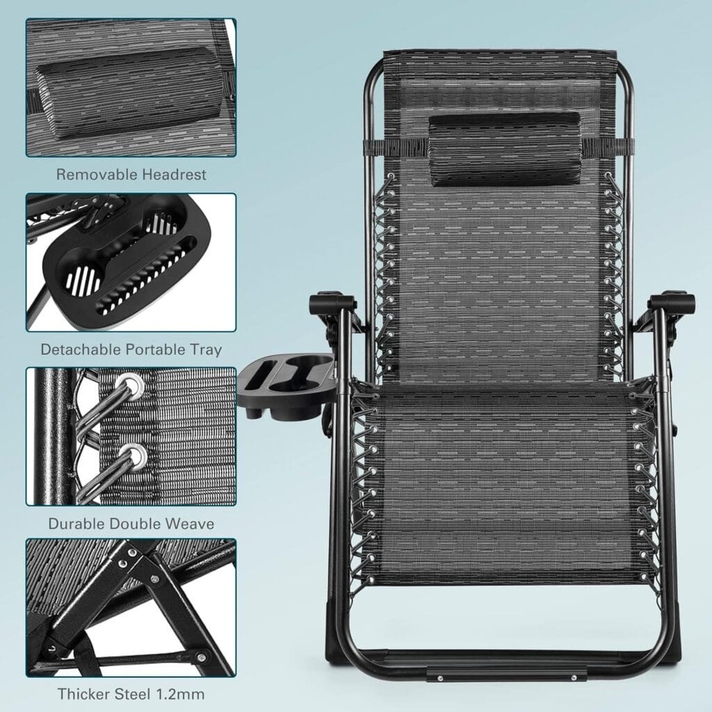 420 Lbs Zero Gravity Chair, 24.8 Oversize Width Folding Lounge Reclining Deck Chaise with Adjustable Headrest Pillows, Cup Holder Tray and Carry Rope for Lawn Poolside Backyard Patio, Beach Camping