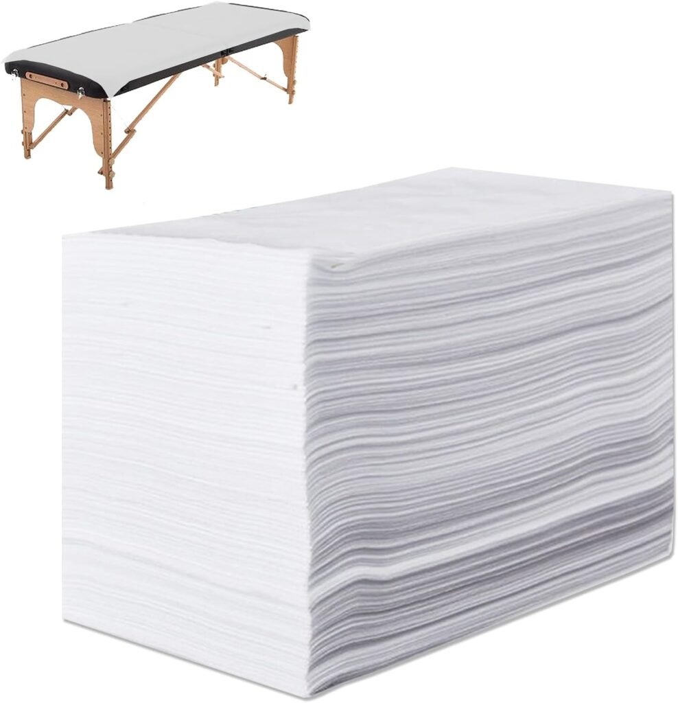 50 Pieces Thickened 31.5” x 71” Disposable Massage Table Sheets -Massage Bed Cover，Non-Woven Fabric Oil-Waterproof for Spa, Massage Therapy, Tattoo, Hotels, Esthetician, Beauty Salon.(White)