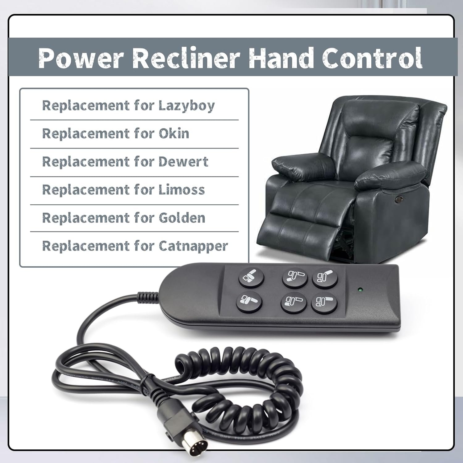 6 Button Power Lift Chair Controller with 5-Pin Plug Extension Cable Replacement for Lazyboy Home Power Recliner Hand Control