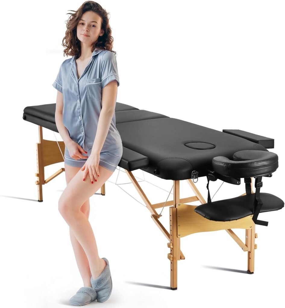 84 Massage Tables Portable Lash Bed for Eyelash Extensions Wooden Leg Tattoo Table Height Adjustable Professional 3-Fold Lightweight Facial Cradle Salon Spa Bed with Carrying Bag, Black 495 lbs