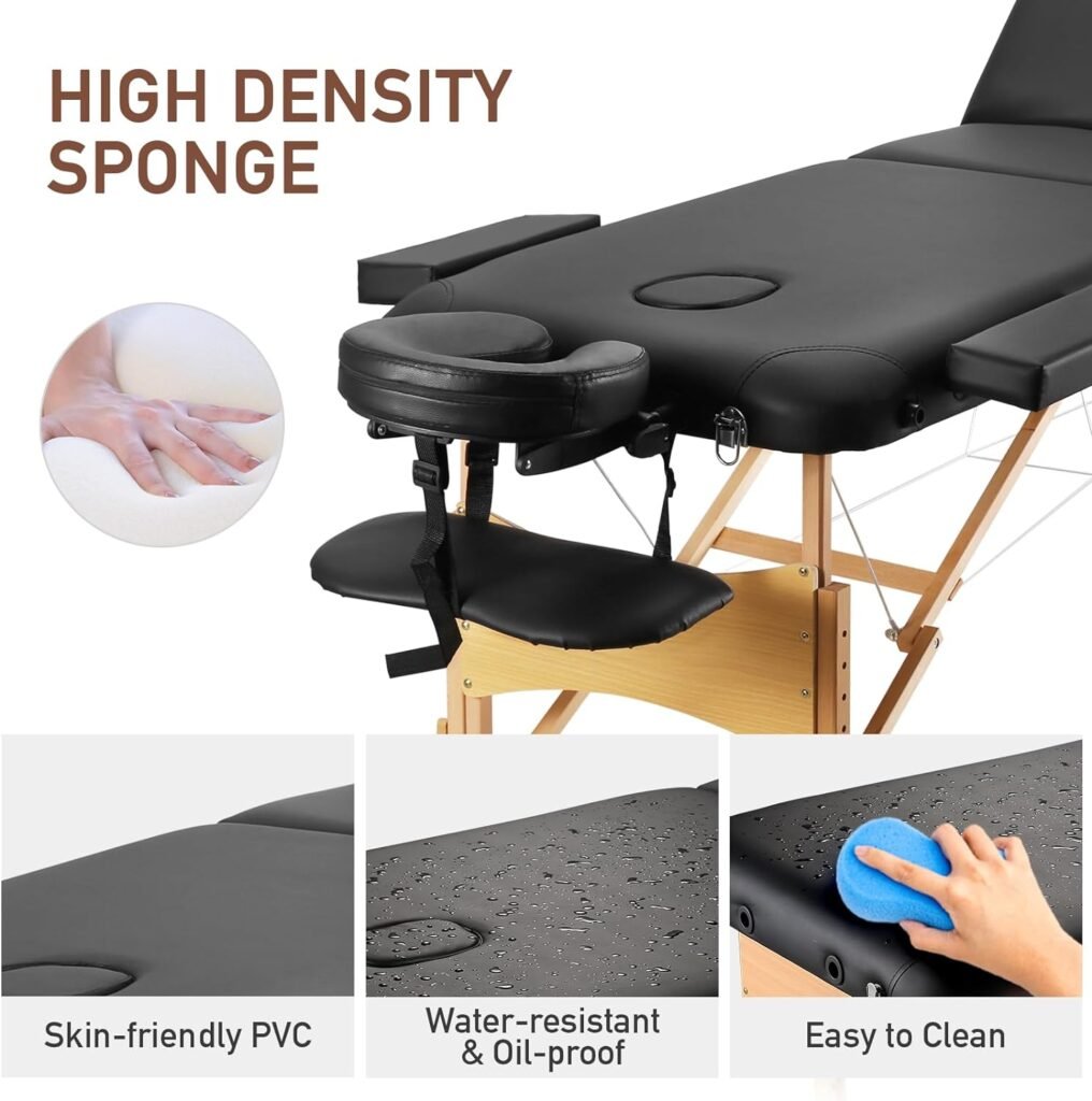 84 Massage Tables Portable Lash Bed for Eyelash Extensions Wooden Leg Tattoo Table Height Adjustable Professional 3-Fold Lightweight Facial Cradle Salon Spa Bed with Carrying Bag, Black 495 lbs