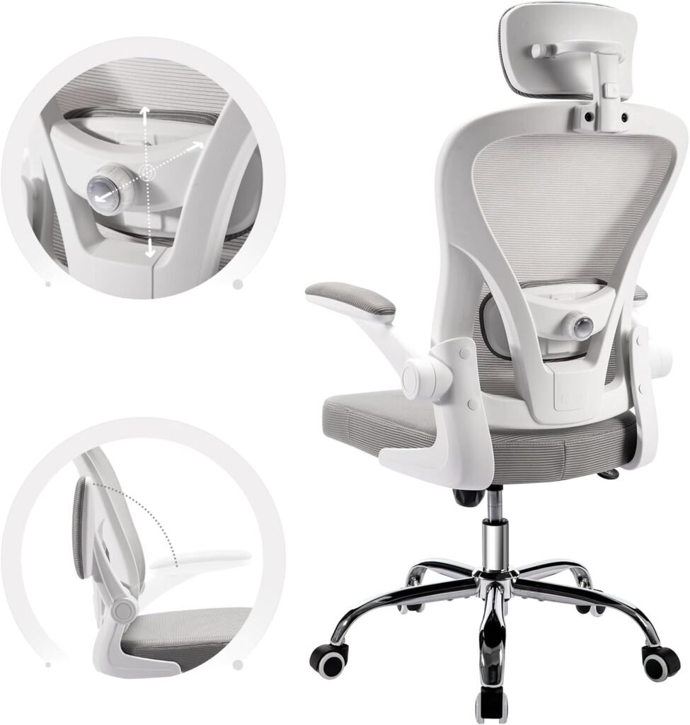 ACCHAR Ergonomic Office Desk Chair, Computer Mesh Home Task Chair, Swivel Rolling Chair with Flip-up Arms, 4-Way Adjustable Lumbar Support and Headrest (Grey and White)