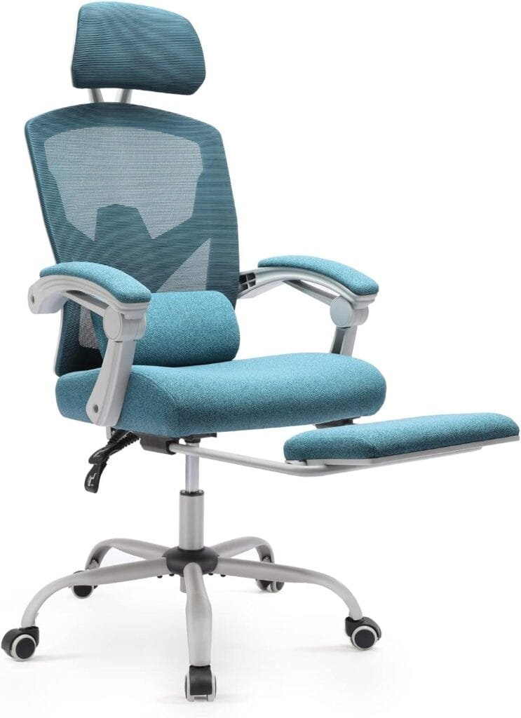 AFO Ergonomic Office Chair, High Back Office Chair with Lumbar Pillow  Retractable Footrest, Mesh Office Chair with Padded Armrests and Adjustable Headrest, Height Adjustable, Teal Blue (WY-9053-BU)