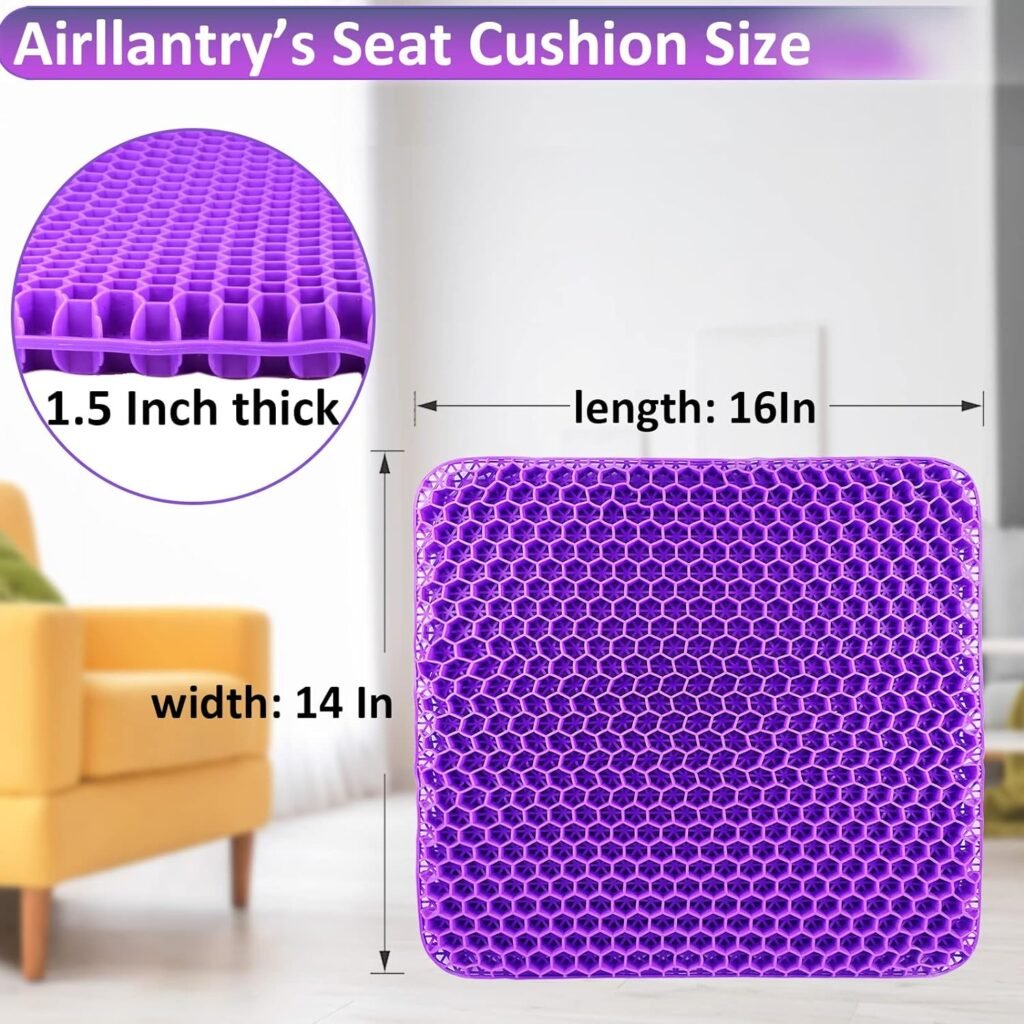 Airllantry Purple Gel Seat Cushion, Gel Seat Cushion for Long Sitting– Back Pain, Sciatica, Tailbone Pain Relief Pad, Seat Cushion for Office Chair, Wheelchair Cushion, Car Cushion, Long Trips