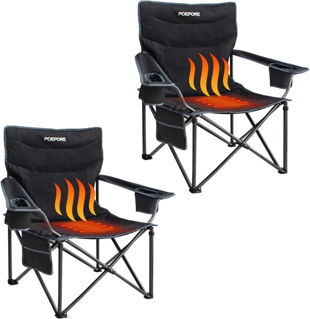 AIZUIWIY 2 Pack Heated Oversized Camping Folding Chair Heavy Duty Steel Frame Support 400 LBS Big and Tall Portable Camping Wide Chair Comfortable for Heavy People (Power Bank not Included)