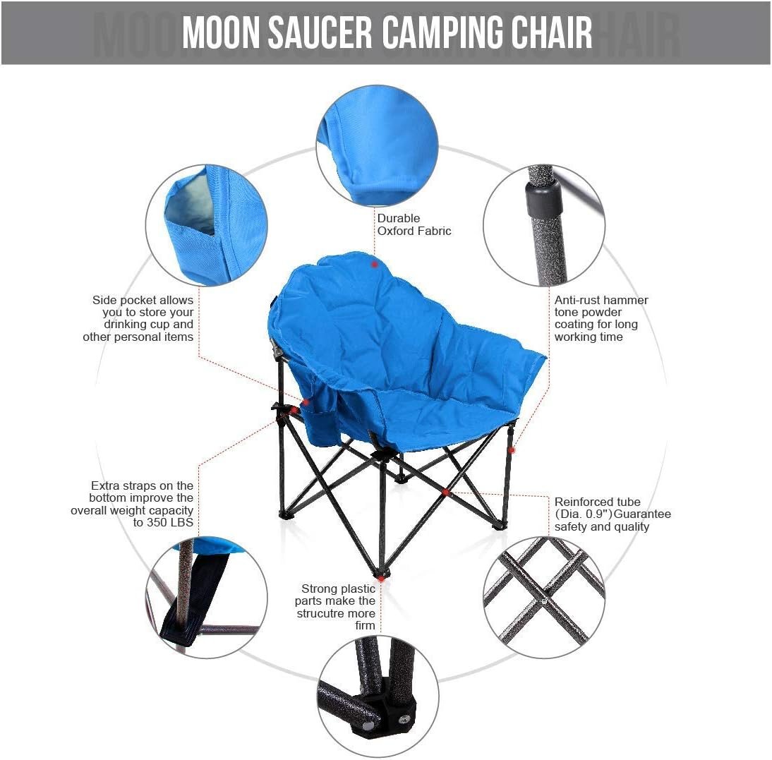 ALPHA CAMP Oversized Camping Chairs Padded Moon Round Chair Saucer Recliner with Folding Cup Holder and Carry Bag