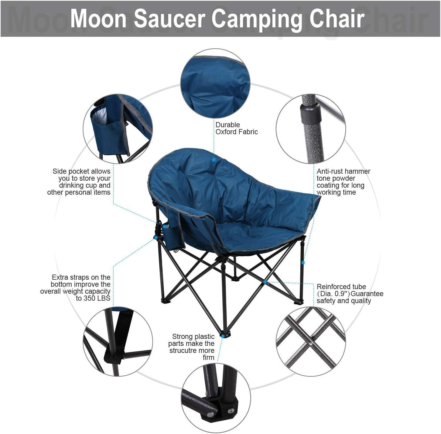 ALPHA CAMP Oversized Camping Chairs Padded Moon Round Chair Saucer Recliner with Folding Cup Holder and Carry Bag