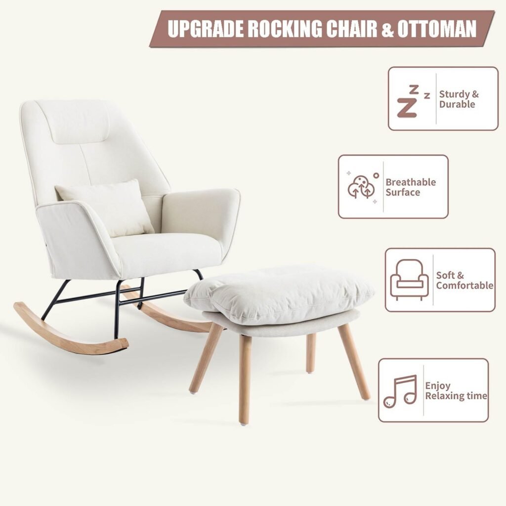 Altrobene Rocking Chair with Ottoman and Pillow, Glider Rocker Chair, Modern Accent Arm Chair Lounger for Living Room/Bedroom/Nursery, High Back, Solid Hardwood Base, Beige