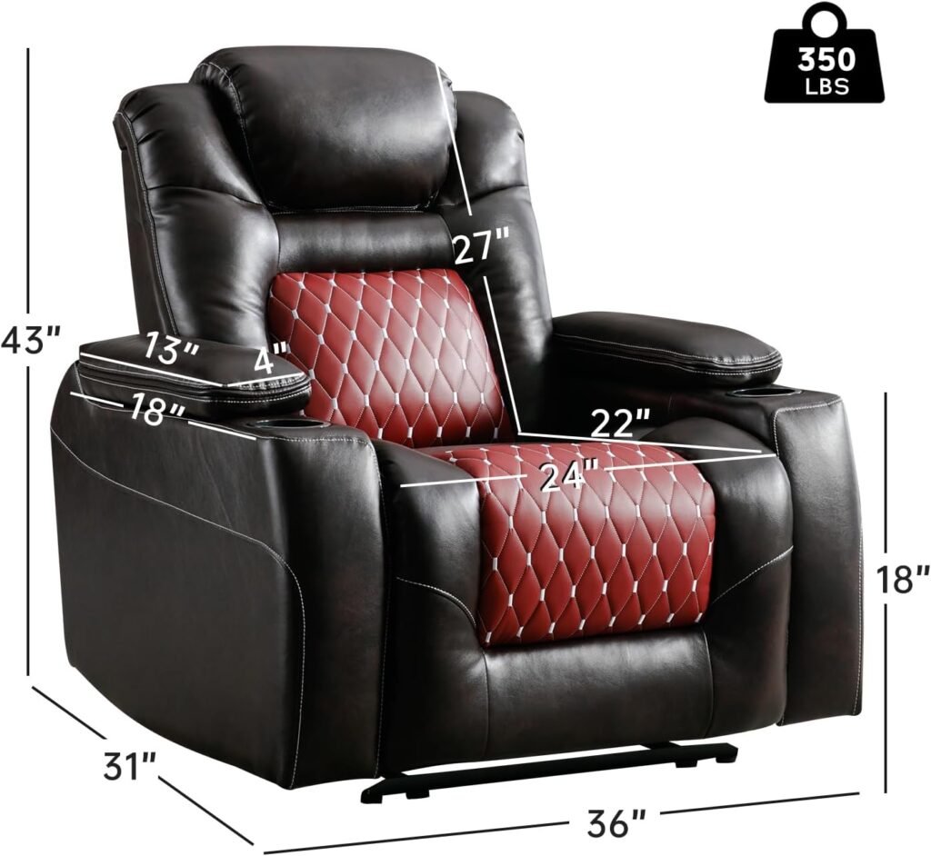 ANJ Electric Power Recliner Chair with Adjustable Powered Headrest, Faux Leather Home Theater Seating Overstuffed Reclining Furniture with USB Ports, Cup Holders, Hidden Arm Storage (Black/Red)