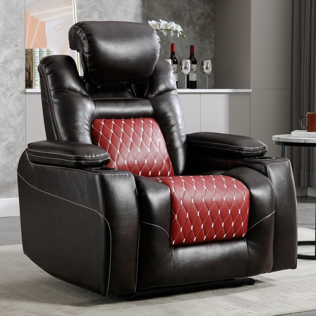 ANJ Electric Power Recliner Chair with Adjustable Powered Headrest, Faux Leather Home Theater Seating Overstuffed Reclining Furniture with USB Ports, Cup Holders, Hidden Arm Storage (Black/Red)