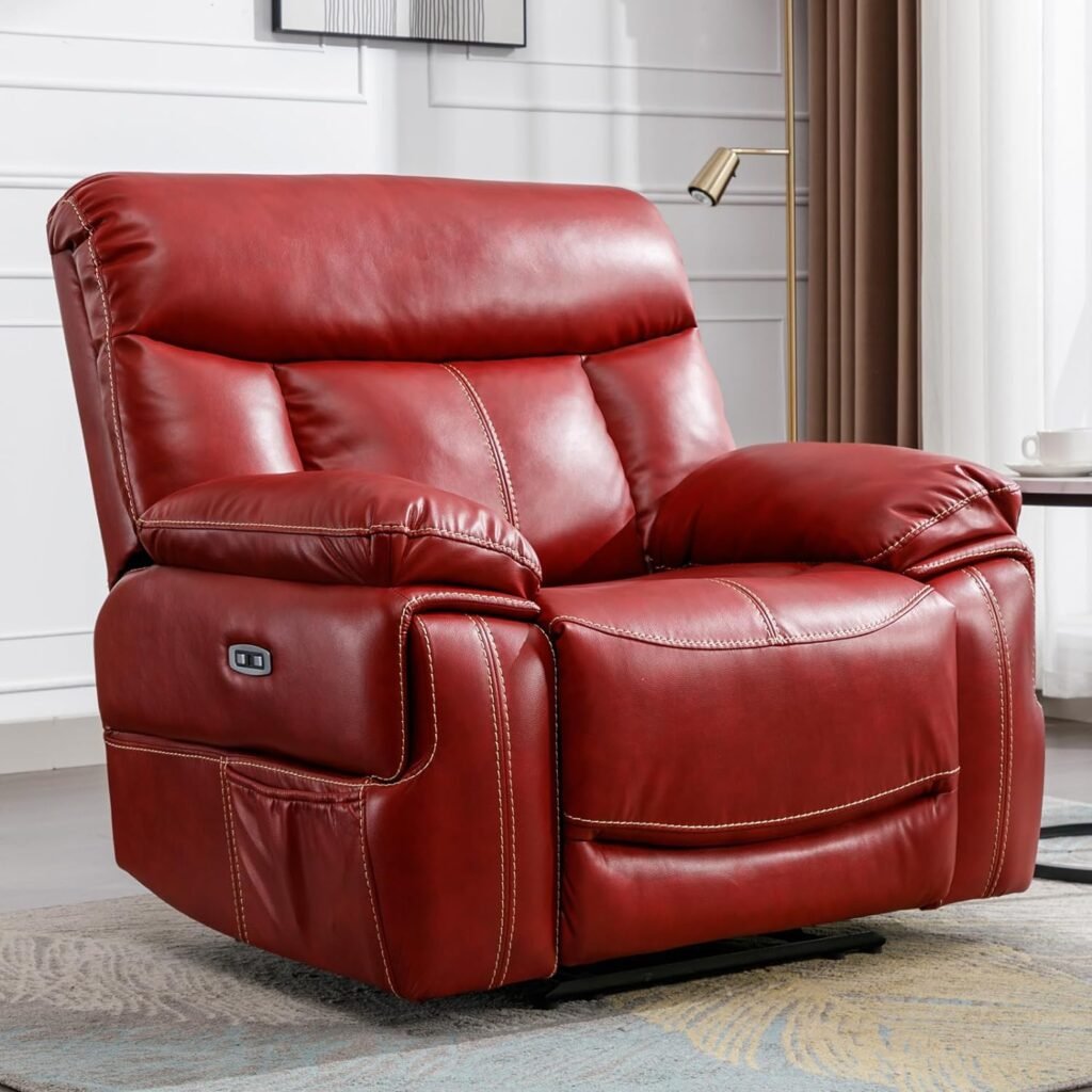 ANJ Oversized Power Recliner Chair, Electric Faux Leather Reclining Chairs with 2 Side Pockets, Overstuffed Armrest Single Sofa for Living Room, Bedroom, Meeting Room (Red)