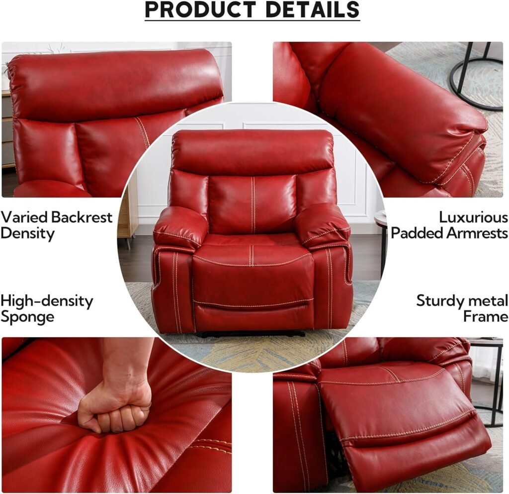 ANJ Oversized Power Recliner Chair, Electric Faux Leather Reclining Chairs with 2 Side Pockets, Overstuffed Armrest Single Sofa for Living Room, Bedroom, Meeting Room (Red)