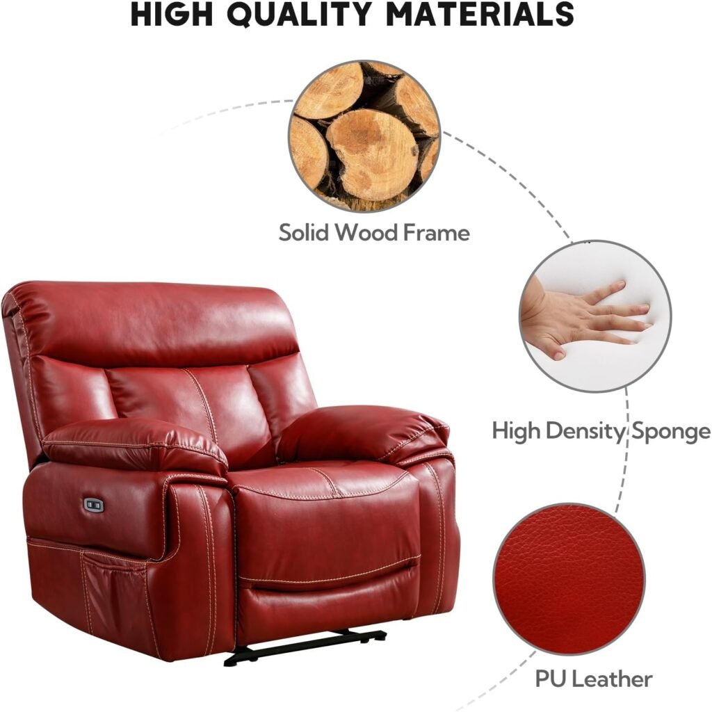 ANJ Oversized Power Recliner Chair, Electric Faux Leather Reclining Chairs with 2 Side Pockets, Overstuffed Armrest Single Sofa for Living Room, Bedroom, Meeting Room (Red)