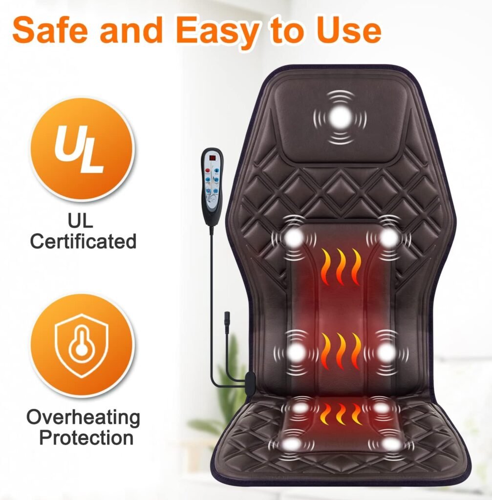 AOVOJRM Vibration Back Massager with Heat,Massage Chair Pad to Release Stress and Fatigu,9 Vibration Massage Nodes  2 Heat Levels, Chair Seat Massager for Home Office, Gifts for Women/Men,PU Leather