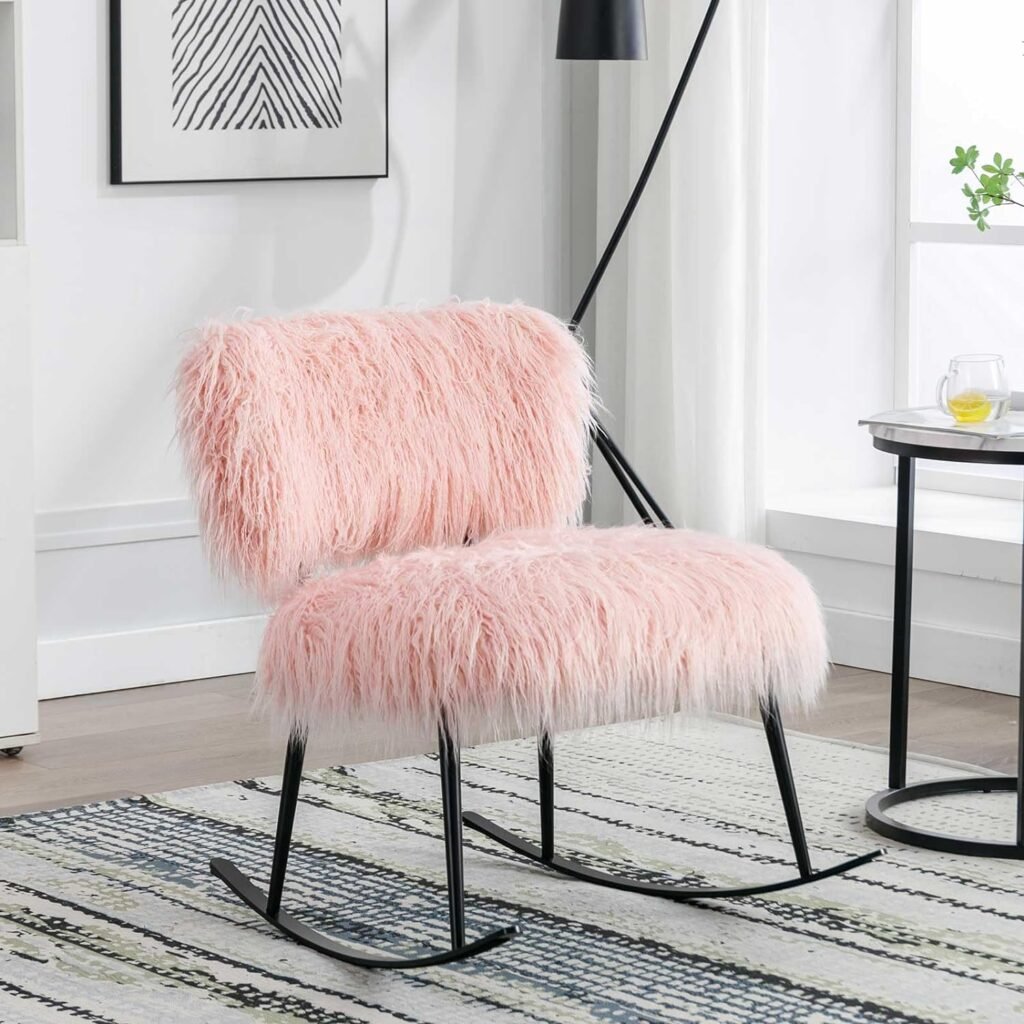 Appot AT-W1852107369 Rocking Chair 25.2 Wide Faux Fur Plush Nursery, Baby NursingChair with Metal Rocker, Fluffy Upholstered GliderChair, Comfy Mid Century ModernChair for Living Room, Bedroom, Pink