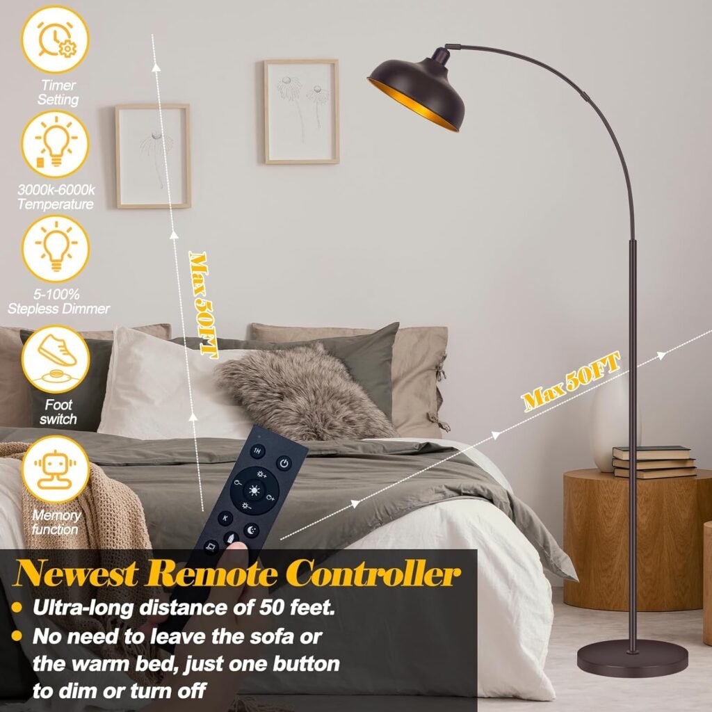 Arch Floor Lamps with Remote - Dimmable Floor Lamp 70”, Black Tall Lamp with 360° Adjustable Hanging Metal Shade, Arc Lamps Floor Standing with 9W Bulb, Over Couch Lamps for Living Room, Foot Switch