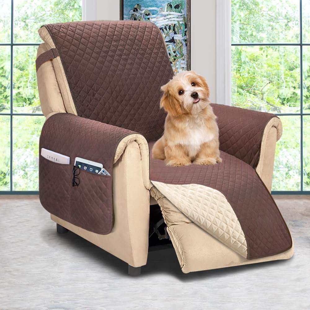 ASHLEYRIVER Reversible Recliner Chair Cover, Seat Width Up to 25 Inch Patent Pending,Recliner Covers for Dogs,Recliner Slipcover,(Recliner Medium:Chocolate/Beige)