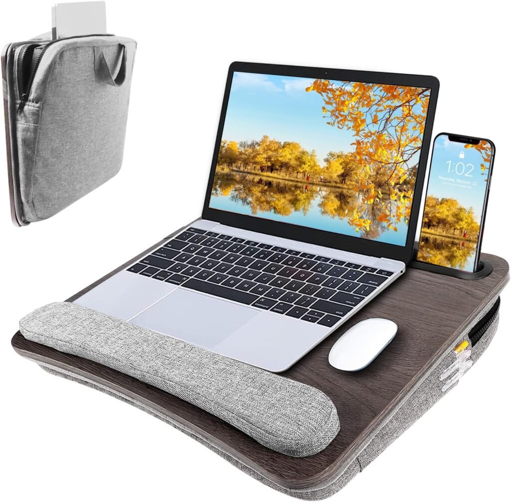 ATKEEN Lap Desk Laptop Bed Table: Home Office Portable Computer Lapdesk with Soft Cushion and Storage Bag - Wood Wide Writing Padded Tray for Work on Couch - Fits up to 15.6 Inch Laptop