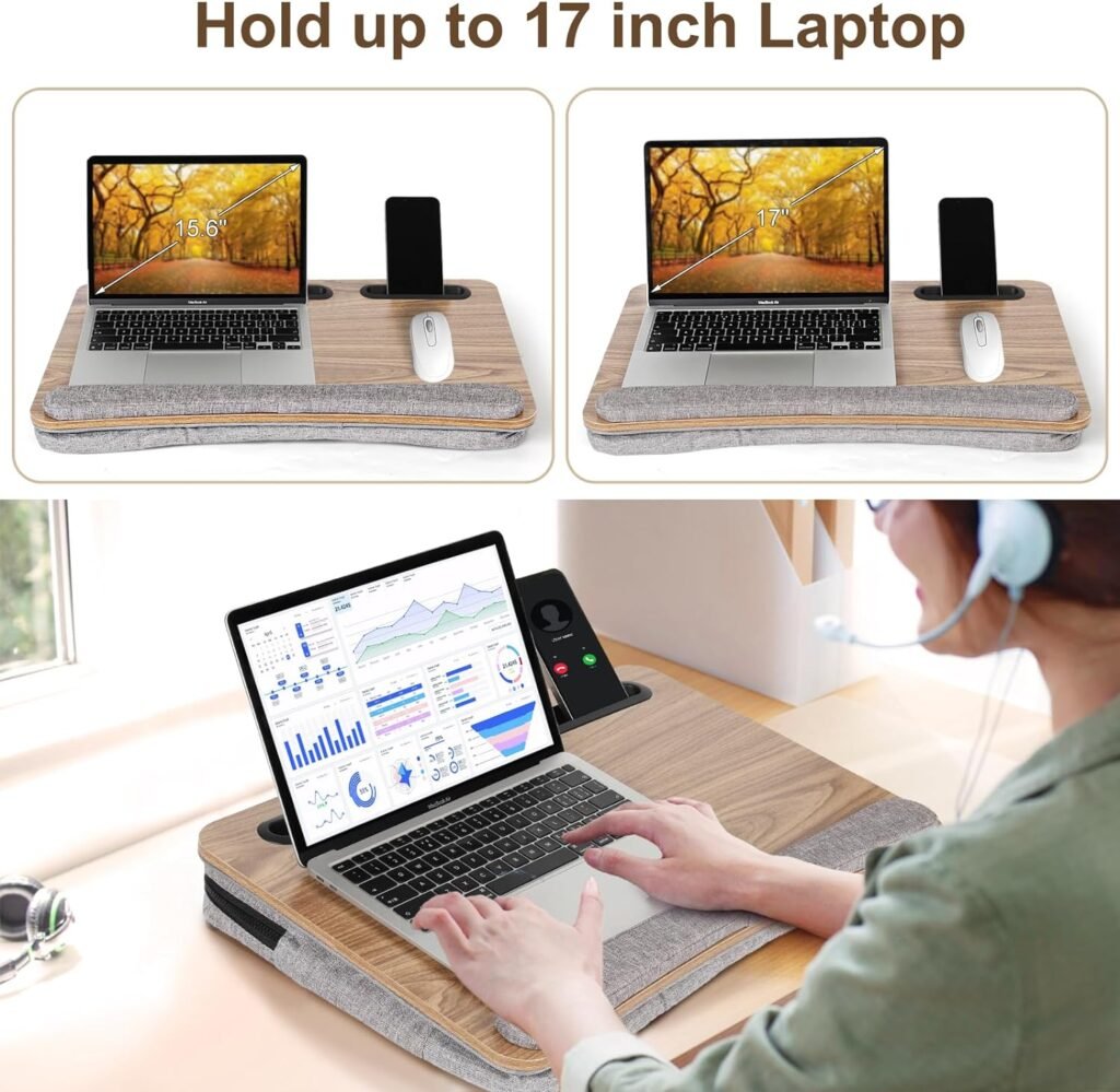 ATKEEN Lap Desk Laptop Bed Table: Home Office Portable Computer Lapdesk with Soft Cushion and Storage Bag - Wood Wide Writing Padded Tray for Work on Couch - Fits up to 15.6 Inch Laptop