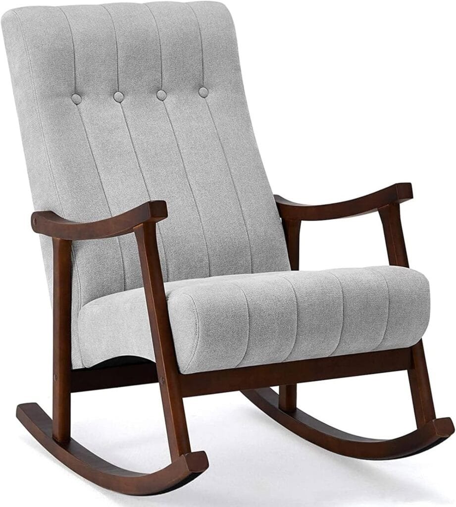 AVAWING Upholstered Rocking Chair with Fabric Padded Seat,Comfortable Rocker Solid Wood for Living Room,Modern High Back Armchair,Adult Single Sofa,Old Man Chair (Grey)