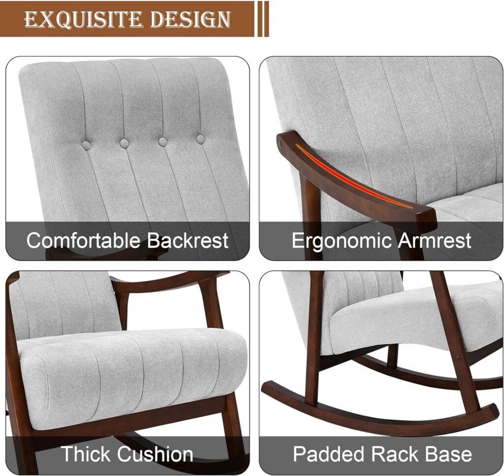 AVAWING Upholstered Rocking Chair with Fabric Padded Seat,Comfortable Rocker Solid Wood for Living Room,Modern High Back Armchair,Adult Single Sofa,Old Man Chair (Grey)