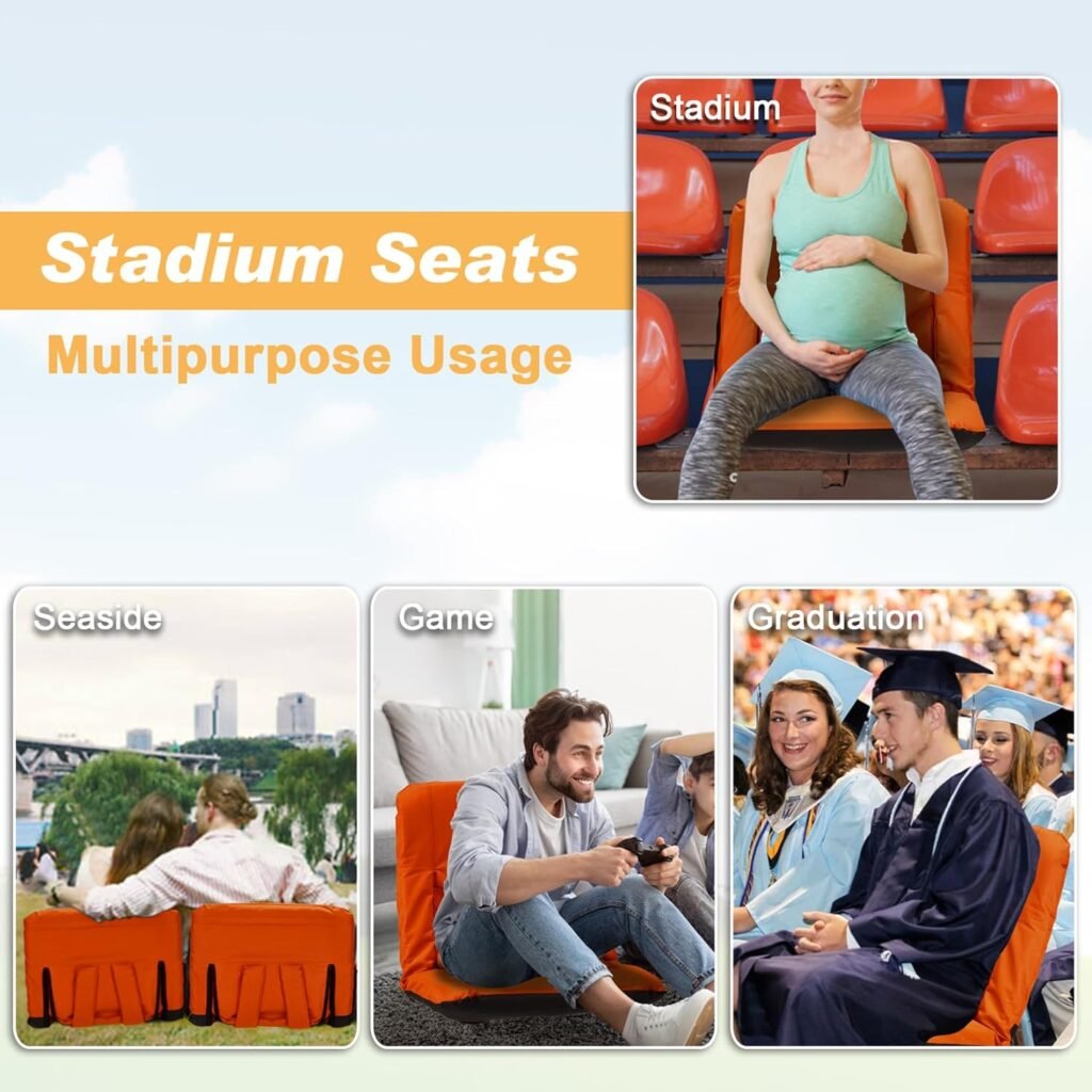 Avocahom Folding Stadium Seat Extra Wide Reclining Bleacher Seat w/Back Support  Armrest  Hooks,Portable Padded Cushion Bleacher Chair for Sports Concerts Camping