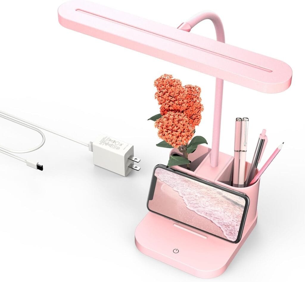 AXX Pink Desk Lamp for Home Office, Cute Desk Lamps for Bedrooms, Kawaii, Dimmable LED, Flexible Gooseneck, Pen Holder, Touch Control, Room College Dorm Essentials for Teen Girls Kids