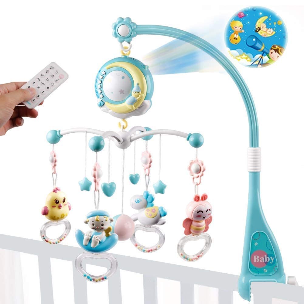 Baby Musical Crib Mobile with Timing Function Projector Lights,Stand-Along Rattles and 150 Melodies Music Box with Remote Control for Newborn 0-24 Months