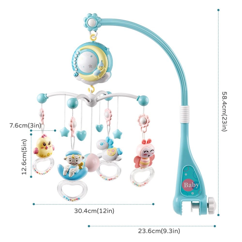 Baby Musical Crib Mobile with Timing Function Projector Lights,Stand-Along Rattles and 150 Melodies Music Box with Remote Control for Newborn 0-24 Months