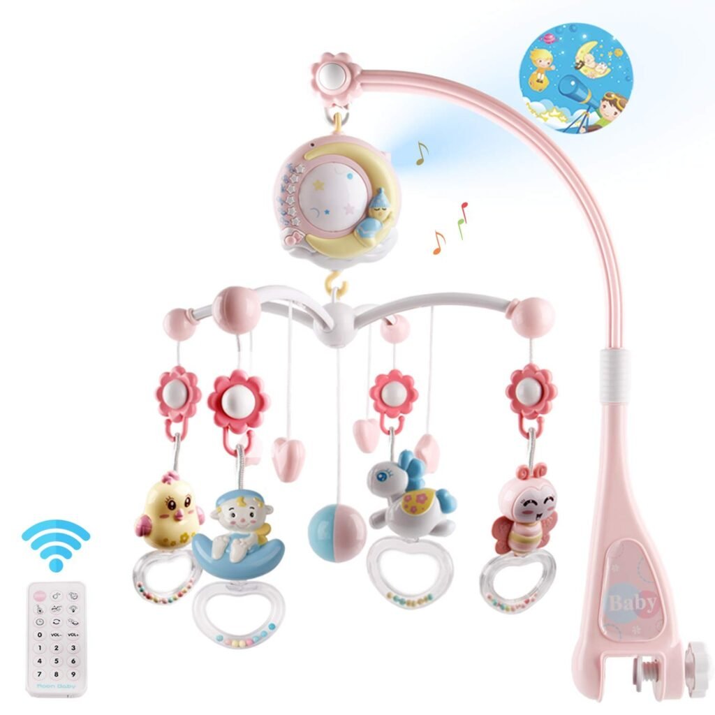 Baby Musical Crib Mobile with Timing Function Projector Lights,Stand-Along Rattles and 150 Melodies Music Box with Remote Control for Newborn 0-24 Months