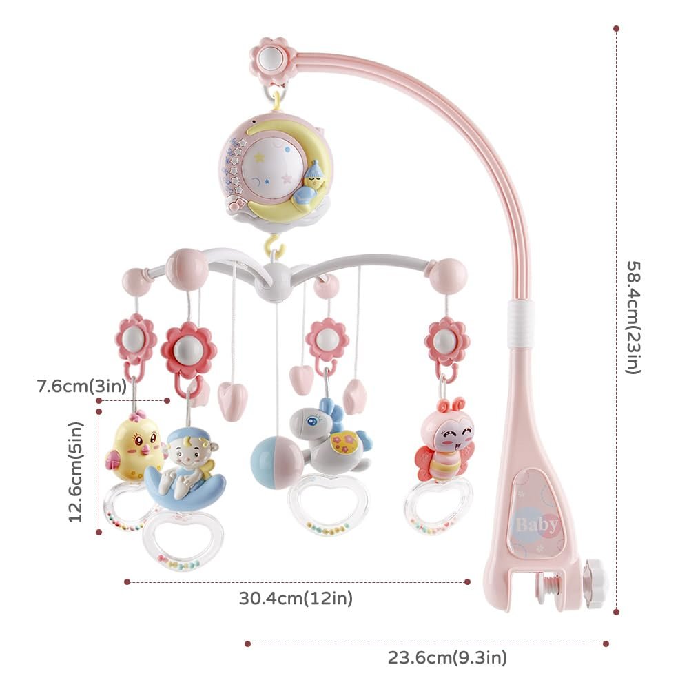 Baby Musical Crib Mobile with Timing Function Projector Lights,Stand-Along Rattles and 150 Melodies Music Box with Remote Control for Newborn 0-24 Months
