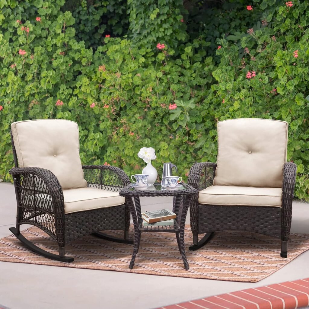 BABYLON 3 Pieces Outdoor Wicker Rocking Chair Set, Patio Conversation Set with 2 Rattan Rocker Chairs and Glass Coffee Table for Garden Porch Sunroom Deck Backyard (Brown)