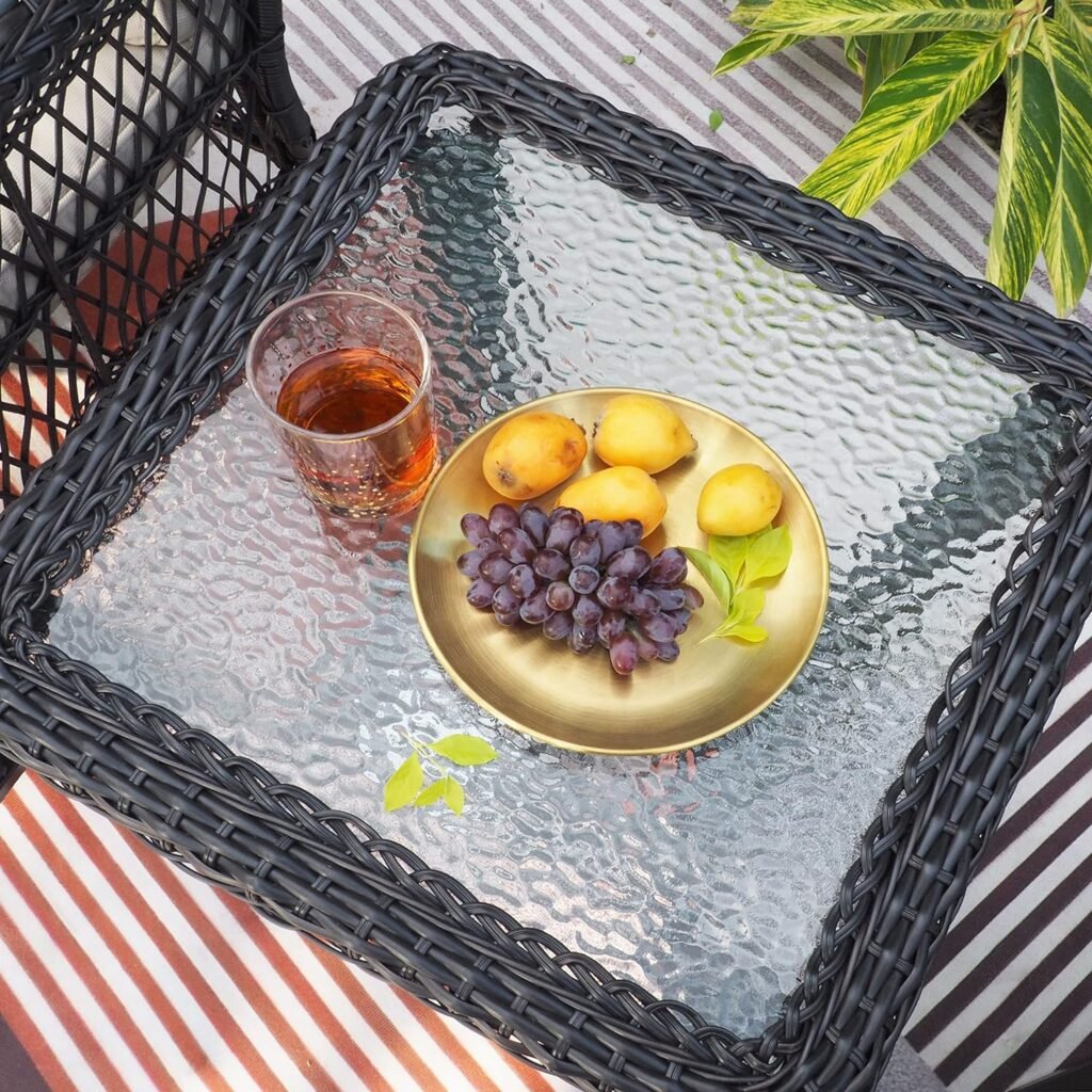 BABYLON 3 Pieces Outdoor Wicker Rocking Chair Set, Patio Conversation Set with 2 Rattan Rocker Chairs and Glass Coffee Table for Garden Porch Sunroom Deck Backyard (Brown)
