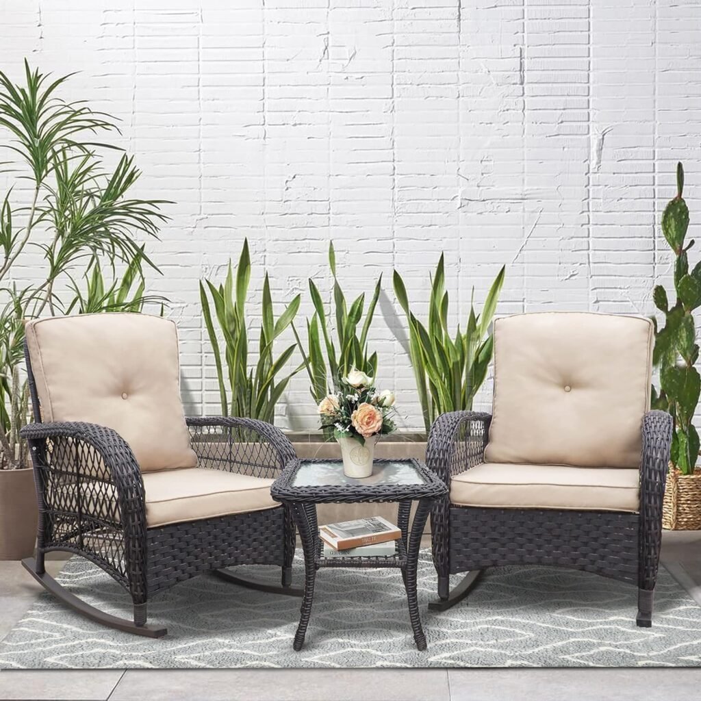 BABYLON 3 Pieces Outdoor Wicker Rocking Chair Set, Patio Conversation Set with 2 Rattan Rocker Chairs and Glass Coffee Table for Garden Porch Sunroom Deck Backyard (Brown)