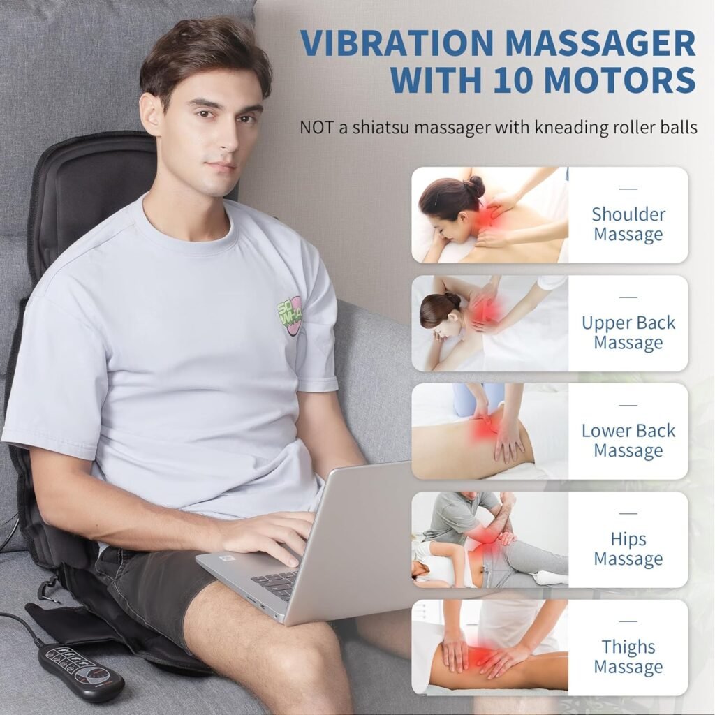 Back Massage Chair Pad, Back Massager with Heat, Deep Tissue Vibration Seat Massage Cushion, Chair Massager with 10 Vibration Motors, Seat Cushion Massager for Back Pain Relief