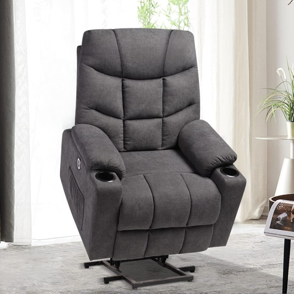 BAIJIAWEI B Power Lift Recliner Chair, Fabric Electric Recliner for Elderly, Heated Vibration Massage Sofa for Living Room, 3 Positions, Thicken Headrest, 2 Side Pockets and Cup Holders