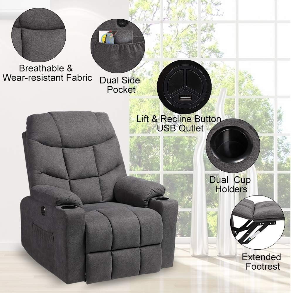 BAIJIAWEI B Power Lift Recliner Chair, Fabric Electric Recliner for Elderly, Heated Vibration Massage Sofa for Living Room, 3 Positions, Thicken Headrest, 2 Side Pockets and Cup Holders